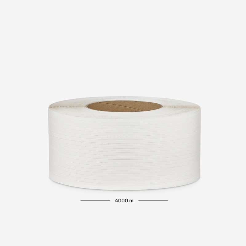 Polypropylenband auf Rolle mit 9 mm Breite, 0,55 mm Stärke und 4000 lm – zum Umreifen von Ladungen.