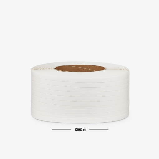 Polypropylenband auf Rolle mit 19 mm Breite, 0,9 mm Stärke und 1200 lm – zum Umreifen von Ladungen.