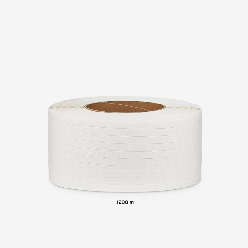 Polypropylenband auf Rolle mit 19 mm Breite, 0,9 mm Stärke und 1200 lm – zum Umreifen von Ladungen.