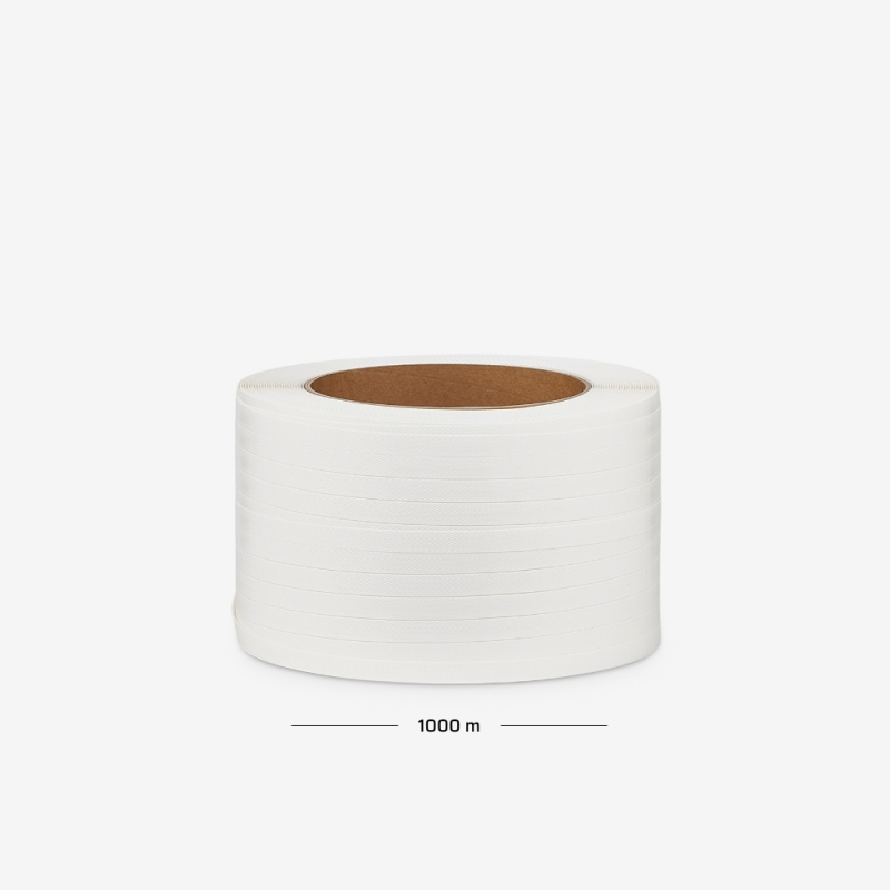 Polypropylenband auf Rolle mit 16 mm Breite, 0,6 mm Stärke und 1000 lm – zum Umreifen von Ladungen.