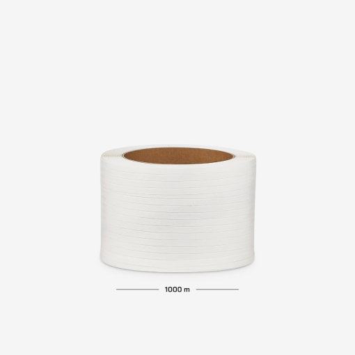 Polypropylenband auf Rolle mit 12 mm Breite, 0,6 mm Stärke und 1000 lm – zum Umreifen von Ladungen.