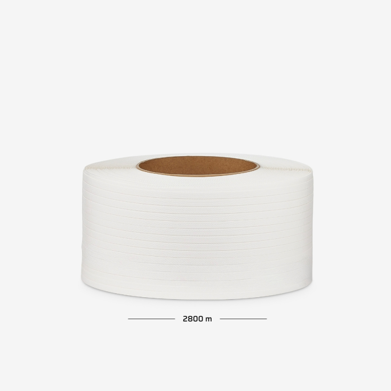 Polypropylenband auf Rolle mit 12 mm Breite, 0,6 mm Stärke und 2800 lm – zum Umreifen von Ladungen.