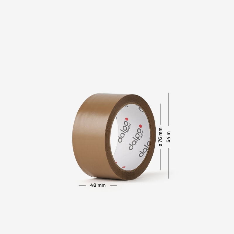 Rolle eines braunen, geräuscharm abrollenden Packbands mit aufgedruckten Maßen.