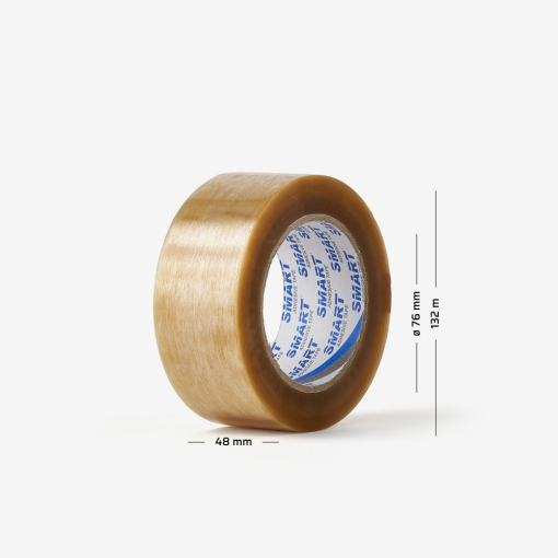 Rolle transparentes, kautschukbasiertes Packband mit Maßangaben - geeignet für Büro- und Lageranwendungen.