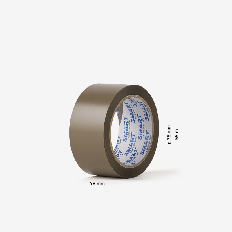 Rolle eines braunen, acrylbasierten Packbands mit aufgedruckten Maßen - geeignet für den täglichen Einsatz im Büro und Lager.