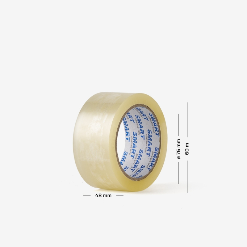 Rolle eines transparenten, acrylbasierten Packbands mit aufgedruckten Maßen – geeignet für den Büro- und Lagereinsatz.