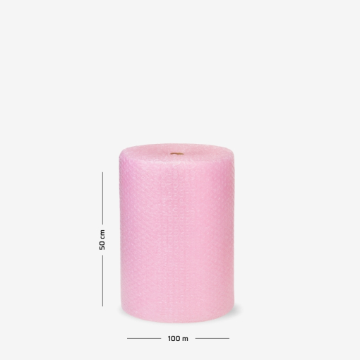 Rosa Luftpolsterfolie auf Rolle 50 cm × 100 m – ideal zum Schutz empfindlicher Gegenstände beim Transport.