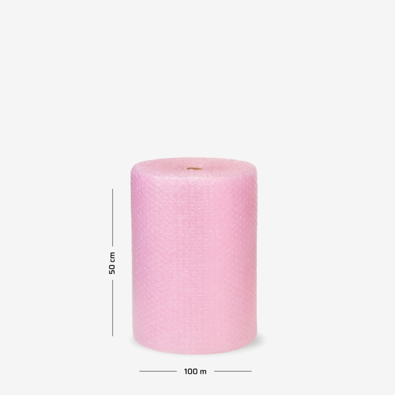 Rosa Luftpolsterfolie auf Rolle 50 cm × 100 m – ideal zum Schutz empfindlicher Gegenstände beim Transport.