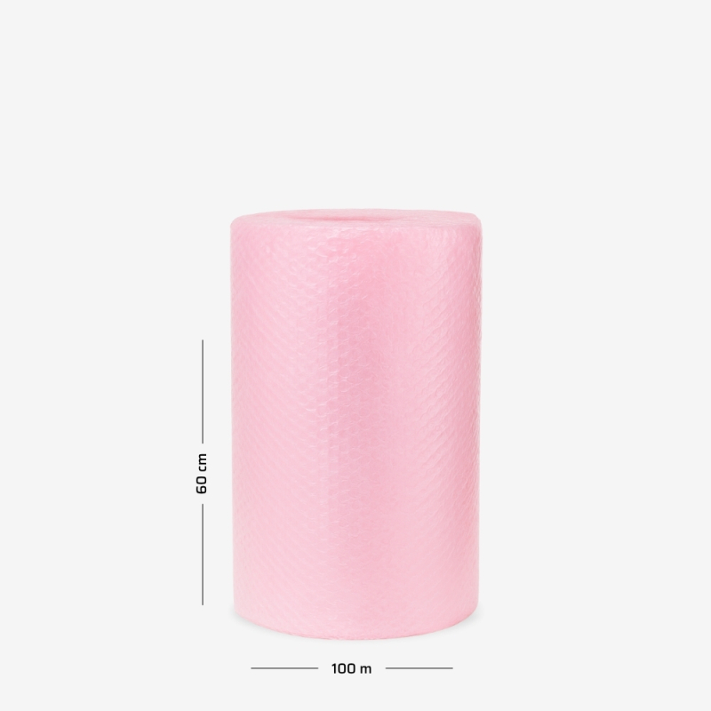 Rosa Luftpolsterfolie auf Rolle 60 cm × 100 m – ideal zum Schutz empfindlicher Gegenstände beim Transport.
