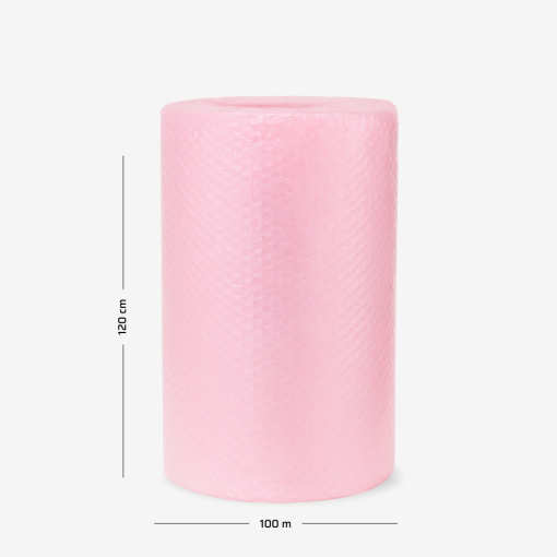 Rosa Luftpolsterfolie auf Rolle 120 cm × 100 m – ideal zum Schutz empfindlicher Gegenstände beim Transport.