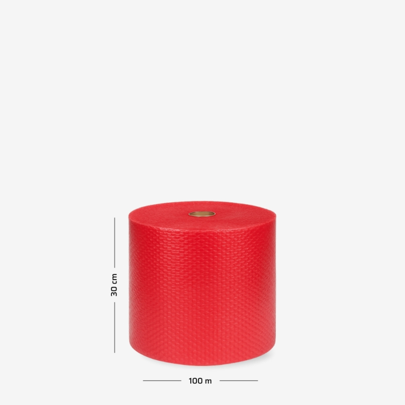 Luftpolsterfolie auf Rolle B1 30 cm – Leicht, 2-lagig, Rot, mit Maßangaben