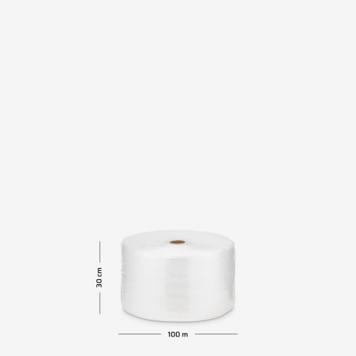 Luftpolsterfolie B1, leicht, zweilagig, 30 cm breit – Rolle auf grauem Hintergrund mit Maßangaben