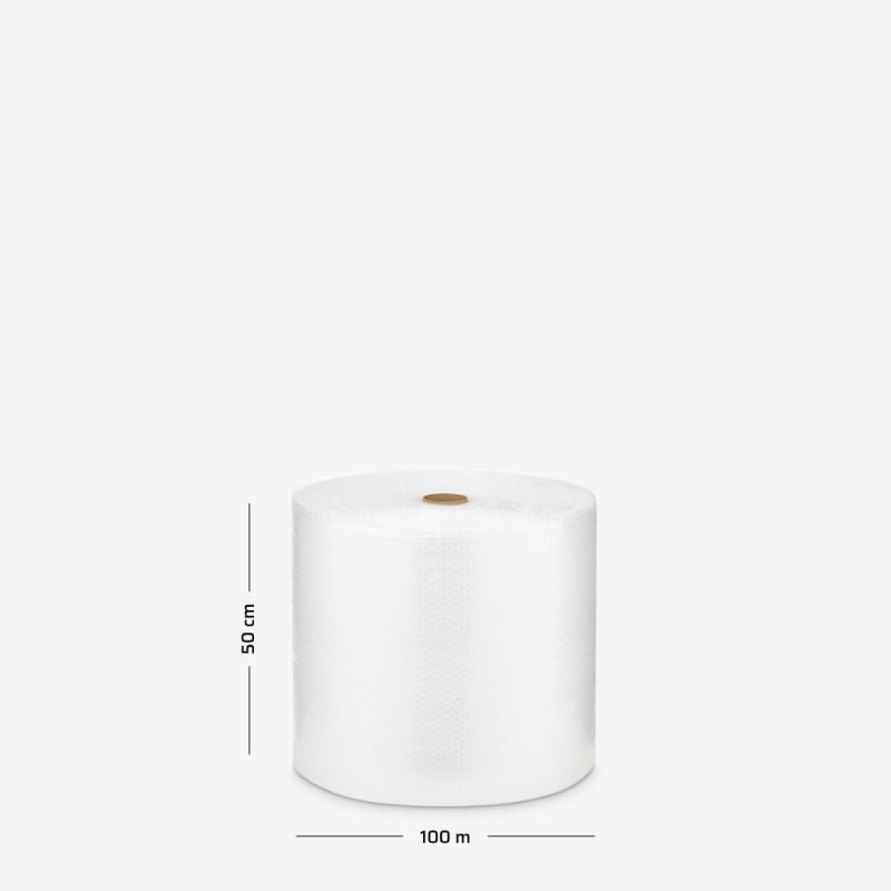 Luftpolsterfolie B1, leicht, zweilagig, 50 cm breit – Rolle auf grauem Hintergrund mit Maßangaben