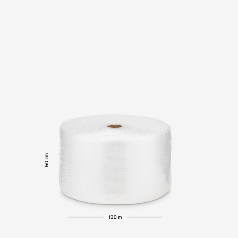 Luftpolsterfolie B1, leicht, zweilagig, 60 cm breit – Rolle auf grauem Hintergrund mit Maßangaben