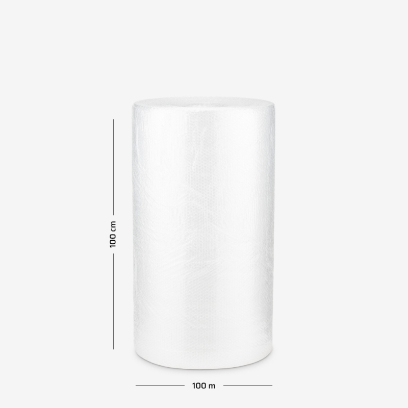 Luftpolsterfolie B1, leicht, zweilagig, 100 cm breit – Rolle auf grauem Hintergrund mit Maßangaben