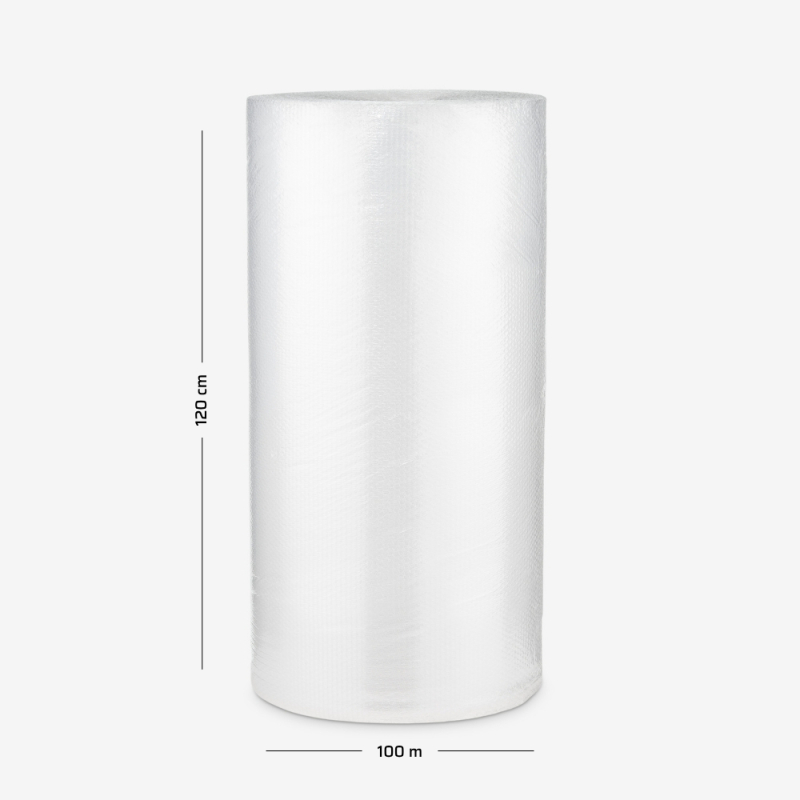 Luftpolsterfolie B1, leicht, zweilagig, 120 cm breit – Rolle auf grauem Hintergrund mit Maßangaben