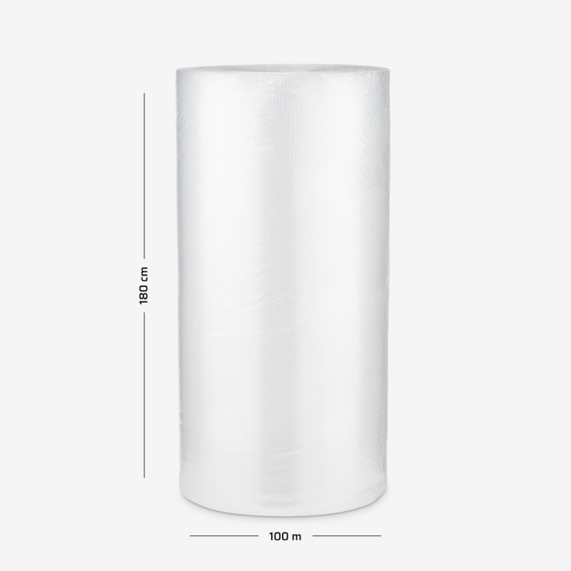 Luftpolsterfolie B1, leicht, zweilagig, 180 cm breit – Rolle auf grauem Hintergrund mit Maßangaben