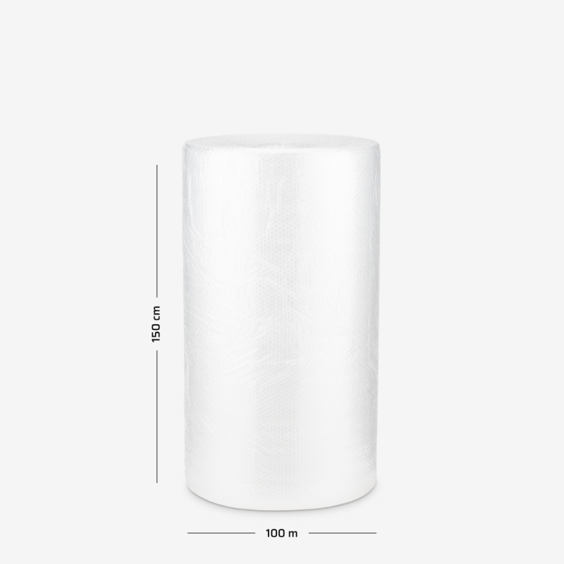 Luftpolsterfolie B1, leicht, zweilagig, 150 cm breit – Rolle auf grauem Hintergrund mit Maßangaben