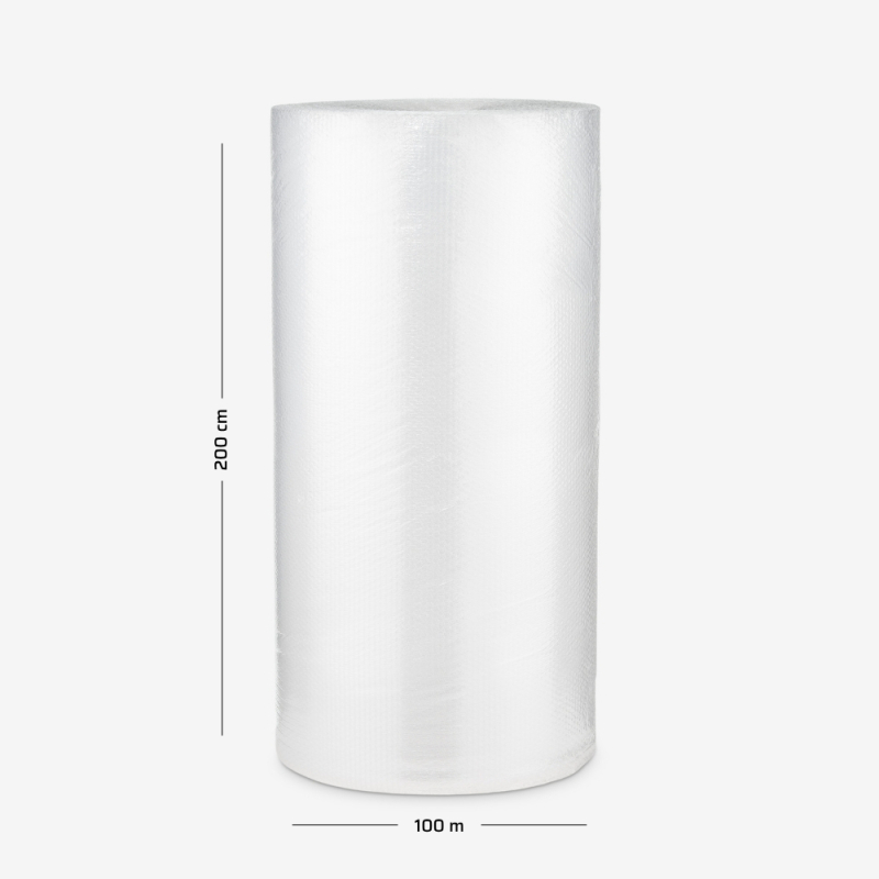Luftpolsterfolie B1, leicht, zweilagig, 200 cm breit – Rolle auf grauem Hintergrund mit Maßangaben
