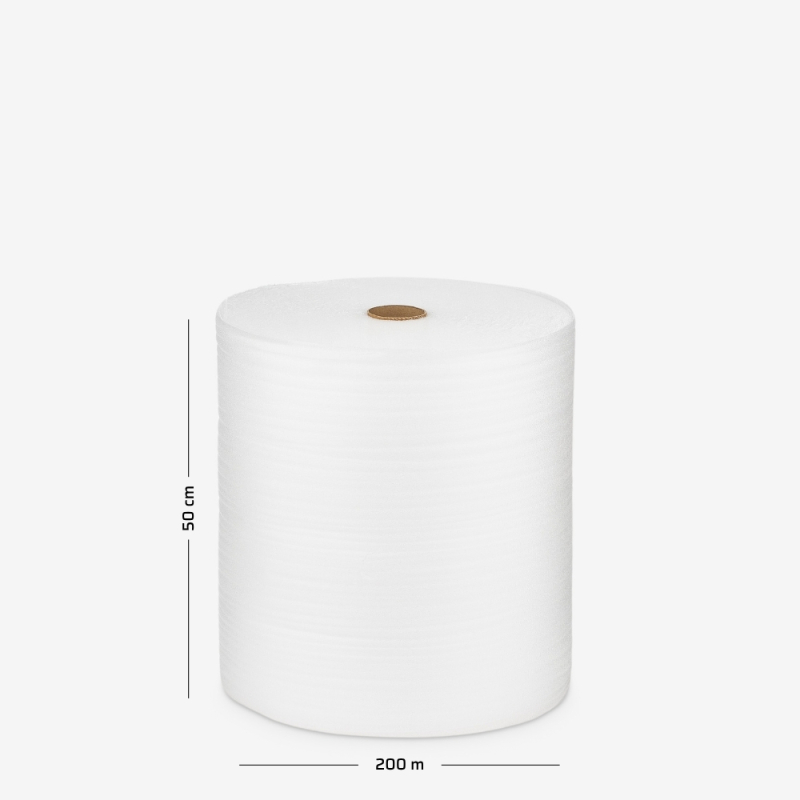 Polyethylenschaum mit einer Stärke von 0,8 mm, aufgewickelt zu einer Rolle mit 50 cm Breite und 200 lfm Lauflänge.