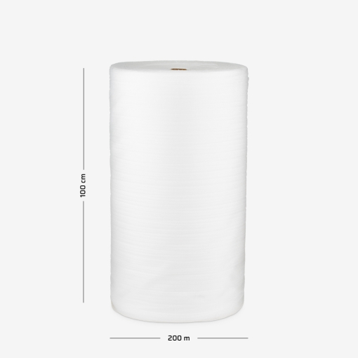 Polyethylenschaum mit einer Stärke von 0,8 mm, aufgewickelt zu einer Rolle mit 100 cm Breite und 200 lfm Lauflänge.