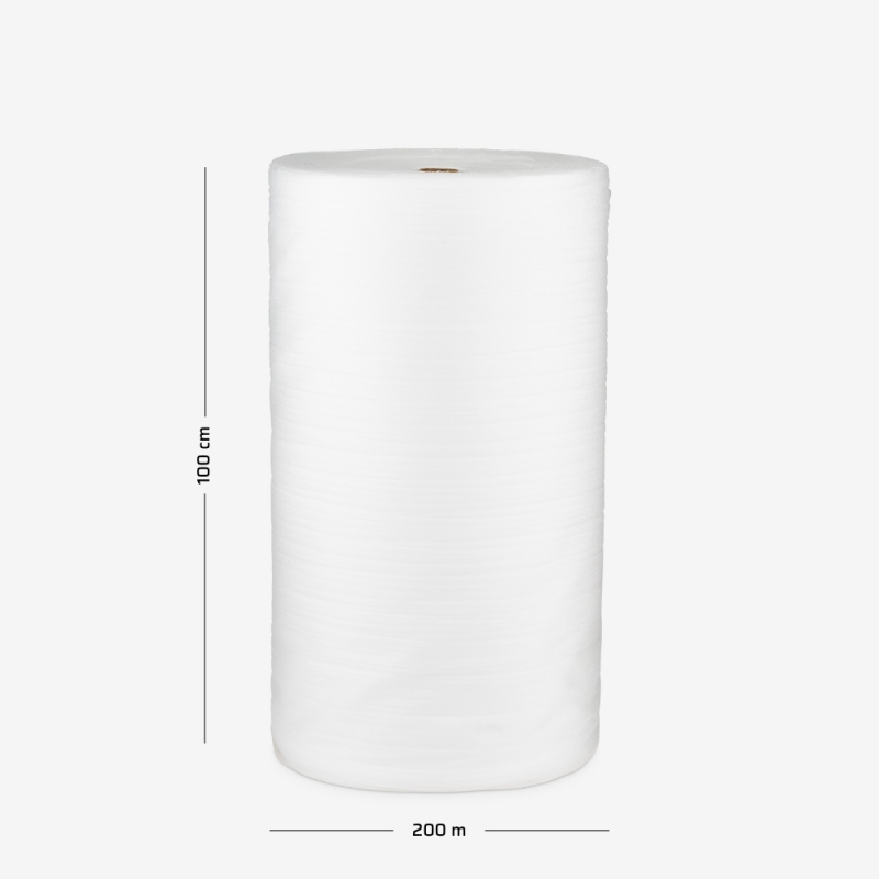 Polyethylenschaum mit einer Stärke von 0,8 mm, aufgewickelt zu einer Rolle mit 100 cm Breite und 200 lfm Lauflänge.