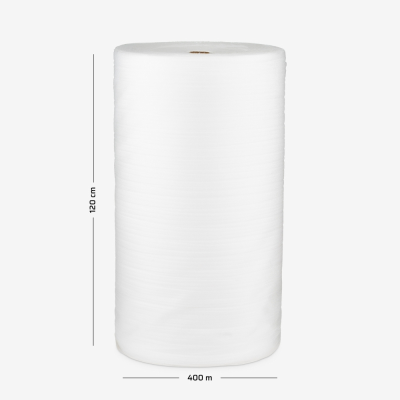 Polyethylenschaum mit einer Stärke von 0,8 mm, aufgewickelt zu einer Rolle mit 120 cm Breite und 400 lfm Lauflänge.