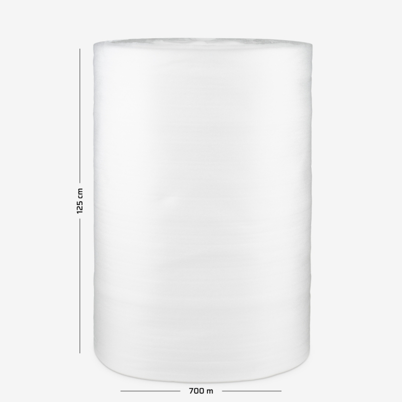 Polyethylenschaum mit einer Stärke von 0,8 mm, aufgewickelt zu einer Rolle mit 125 cm Breite und 700 lfm Lauflänge.