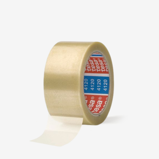 Transparente Verpackungsklebeband tesa® 4120 , 50 mm breit und 66 m lang, mit einer Hülse von 76 mm Durchmesser.