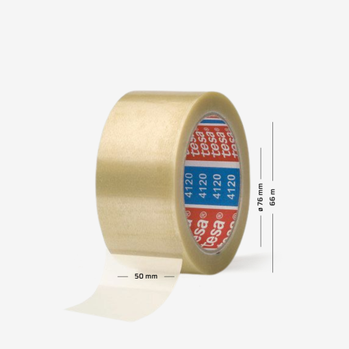 Transparente Verpackungsklebeband tesa® 4120 , 50 mm breit und 66 m lang, mit einer Hülse von 76 mm Durchmesser.