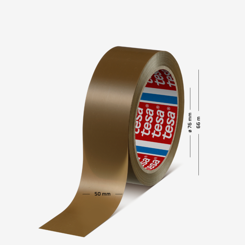 Rolle des braunen Verpackungsklebebands tesa® 04120, 50 mm breit und 66 m lang, mit einer Hülse von 76 mm Durchmesser.