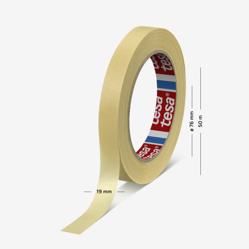 Abdeckband aus Papier TESA® 4323 in Gelb mit einer Breite von 19 mm und einer Länge von 50 m.