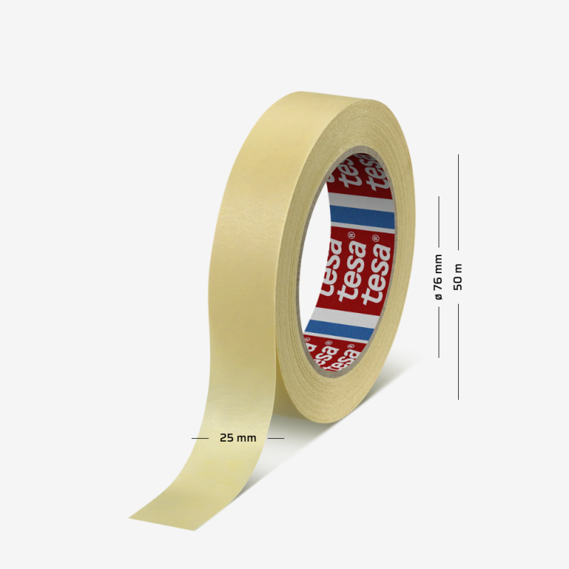 Abdeckband aus Papier TESA® 4323 in Gelb mit einer Breite von 25 mm und einer Länge von 50 m.