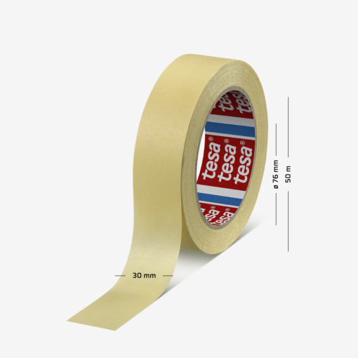 Abdeckband aus Papier TESA® 4323 in Gelb mit einer Breite von 30 mm und einer Länge von 50 m.