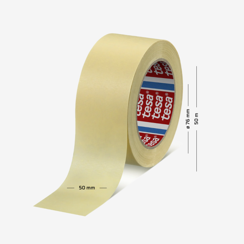 Abdeckband aus Papier TESA® 4323 in Gelb mit einer Breite von 50 mm und einer Länge von 50 m.