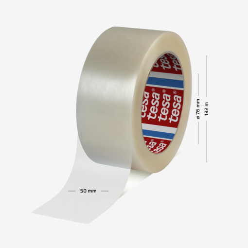 Transparentes tesa® 60418 Packband, 132 m lang und 50 mm breit – geeignet für industrielle Anwendungen.
