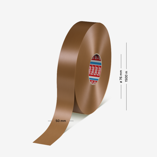 Braunes tesa® 60418 Packband, 1500 m lang und 50 mm breit – geeignet für industrielle Anwendungen.