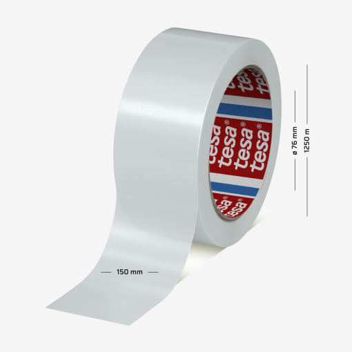 Weißes, leise abrollendes tesa® 60416 Polyester-Packband, 150 mm breit und 1250 m lang, auf 76-mm-Kern.