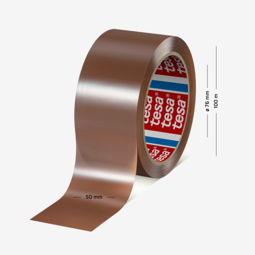 Braunes, leise abrollendes tesa® 60416 Polyester-Packband, 50 mm breit und 100 m lang, auf 76-mm-Kern.