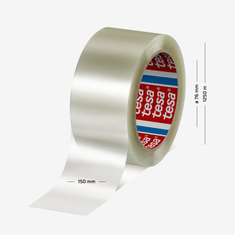 Transparentes, leise abrollendes tesa® 60416 Polyester-Packband, 150 mm breit und 1250 m lang, auf 76-mm-Kern.