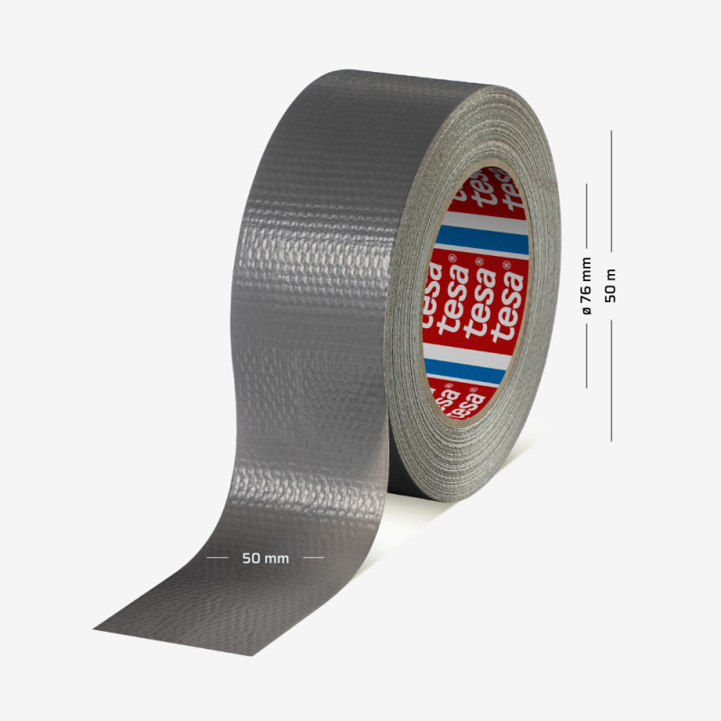 Silbernes TESA® 4615 Reparaturband Duct Tape mit einer Breite von 50 mm und einer Länge von 50 Metern.