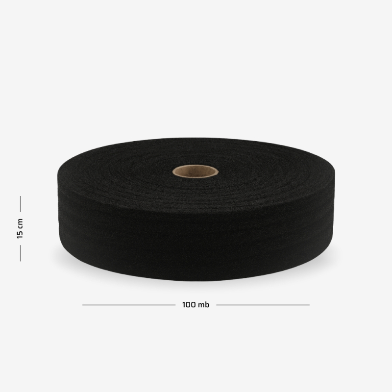 Schwarze Dehnfugenstreifen mit 5 mm Stärke, auf eine Rolle mit 15 cm Breite und 100 lfm Lauflänge gewickelt.