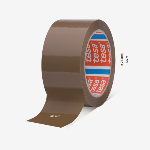 Braunes Verpackungsband tesa® 4280 PV0 mit 48 mm Breite und 66 m Länge auf einer 76-mm-Hülse.