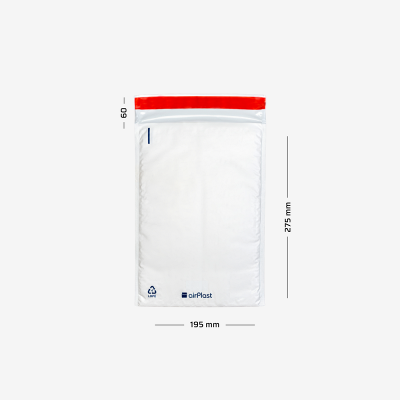 Stabile Luftpolsterfolie-Versandtasche D14 mit Maßangaben - Breite: 195 mm, Länge: 275 mm.
