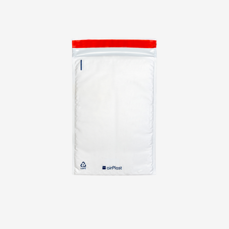 Luftpolster-Versandtasche H18 290x370mm mit Selbstklebeverschluss – Vorderansicht auf grauem Hintergrund.
