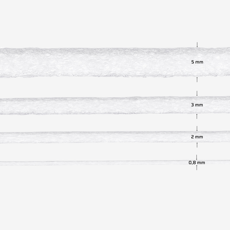 Vergleich der Schaumstoffstärken 0,8 mm, 2 mm, 3 mm und 5 mm.